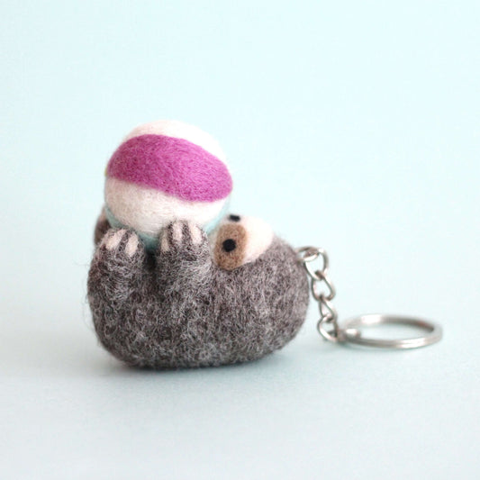 Needle Felted Sloth Holding a Beach Ball Keychain