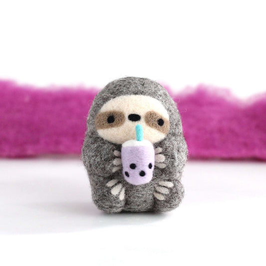Needle Felted Sloth holding Bubble Tea