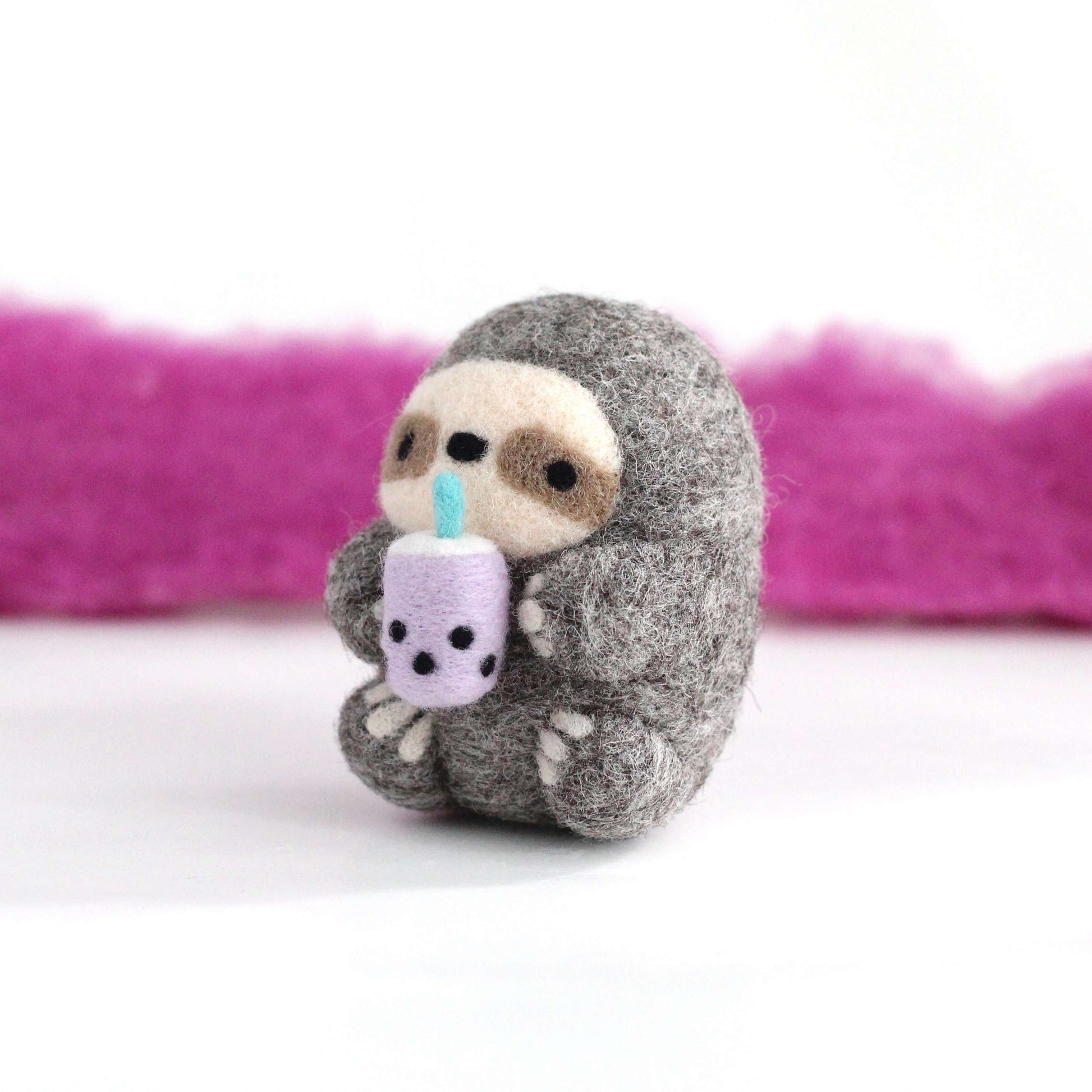 Needle Felted Sloth holding Bubble Tea by Wild Whimsy Woolies