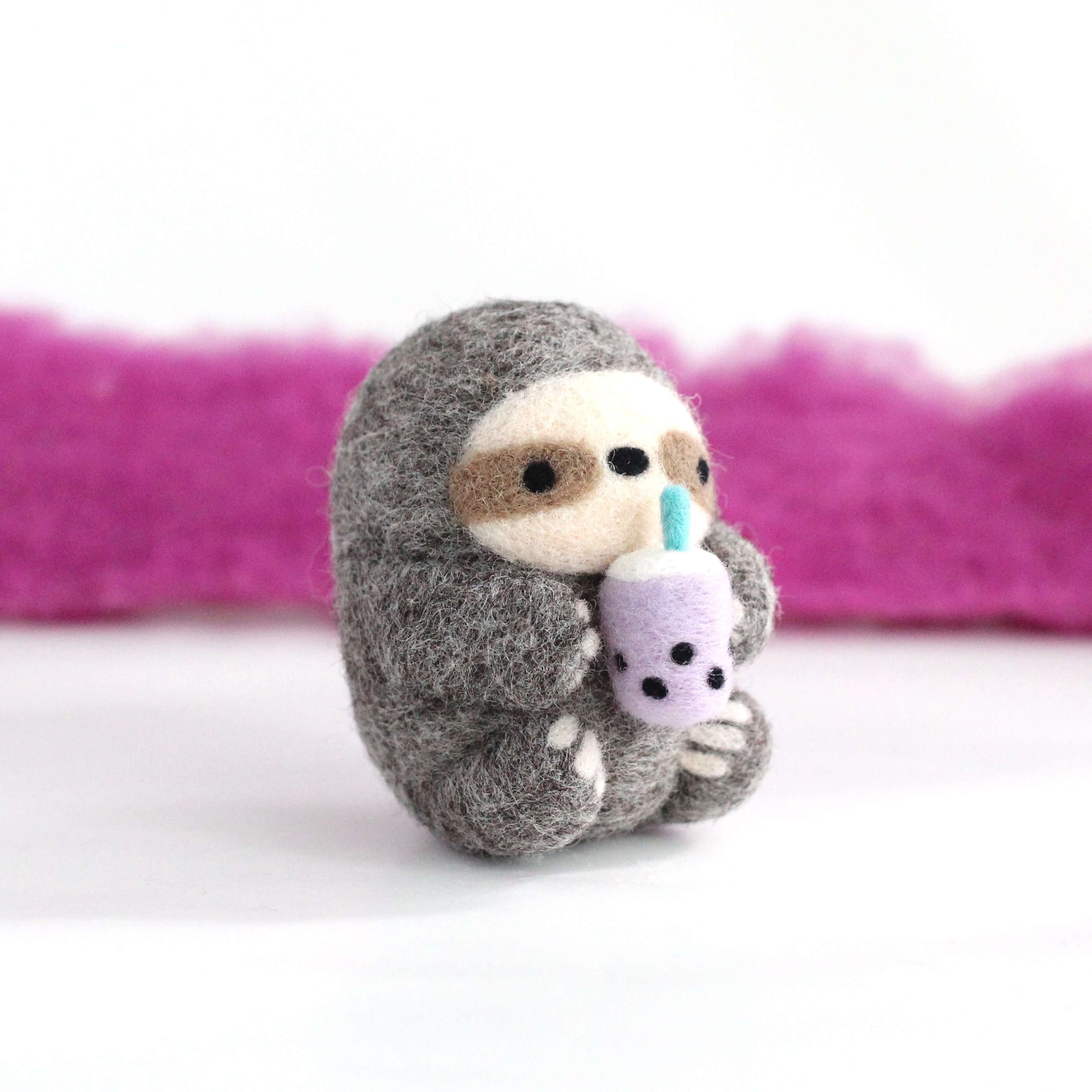 Needle Felted Sloth holding Bubble Tea – Wild Whimsy Woolies