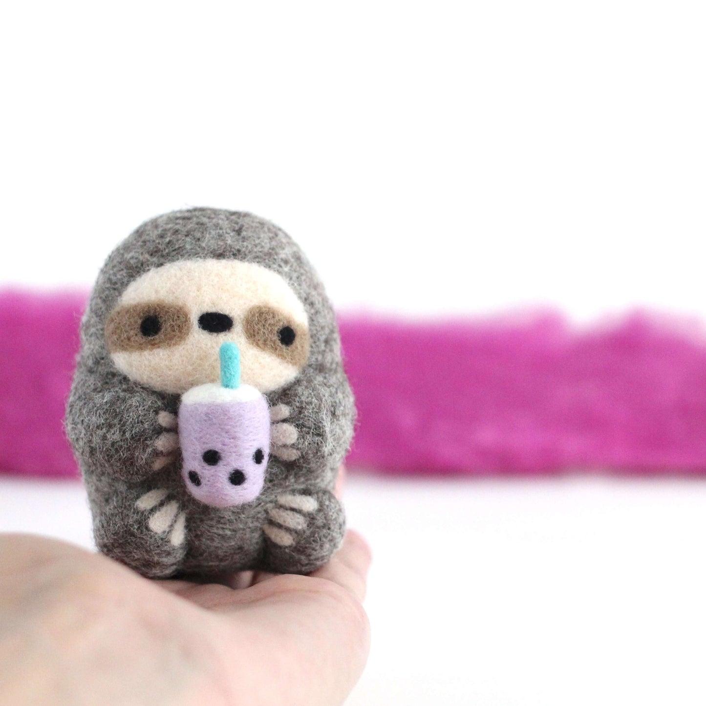 Needle Felted Sloth holding Bubble Tea