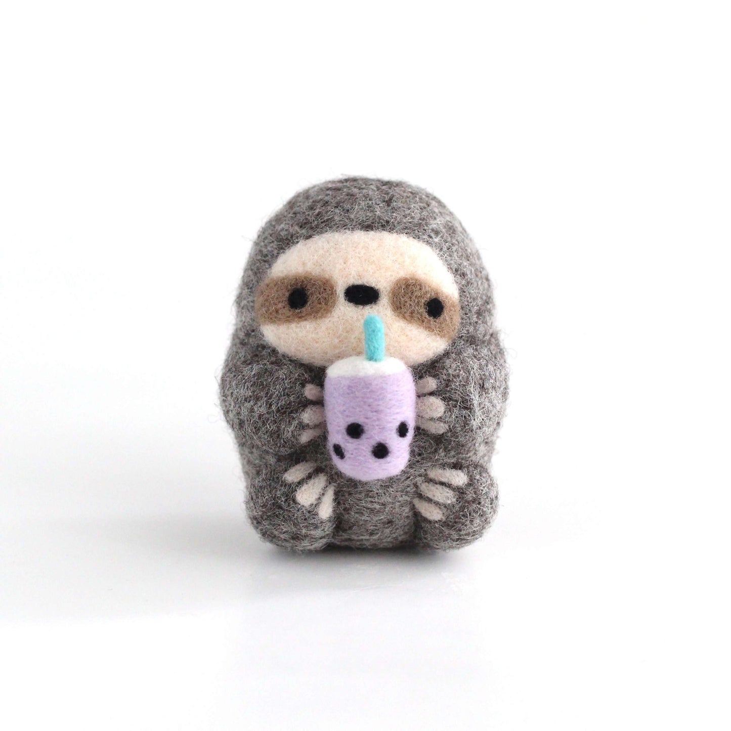 Needle Felted Sloth holding Bubble Tea