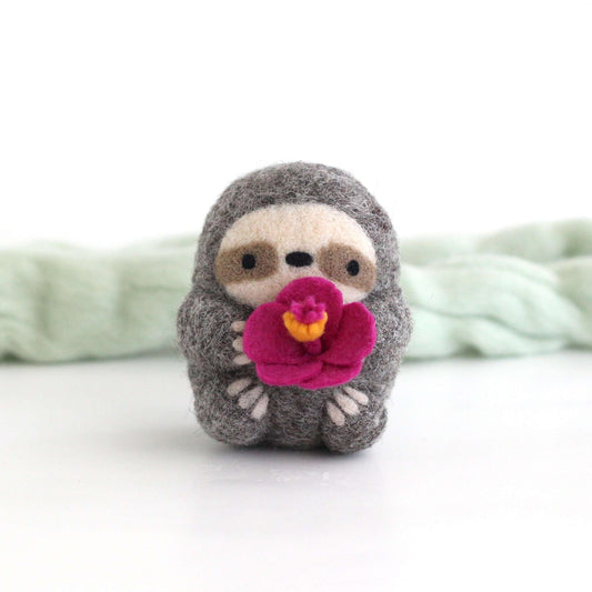 Needle Felted Sloth holding Hibiscus Flower