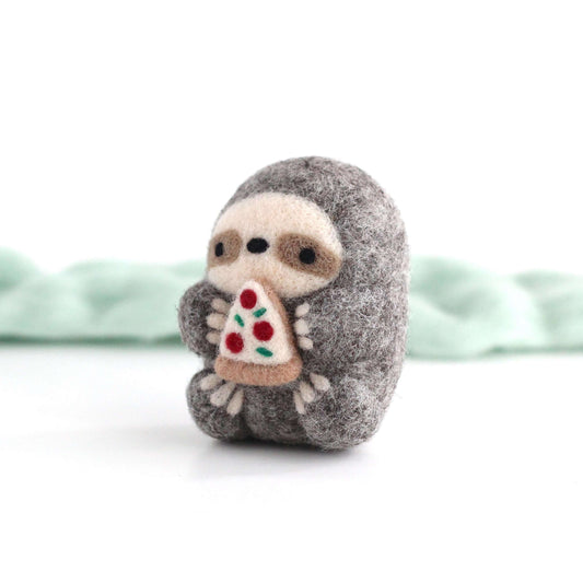 Needle Felted Sloth holding Pizza