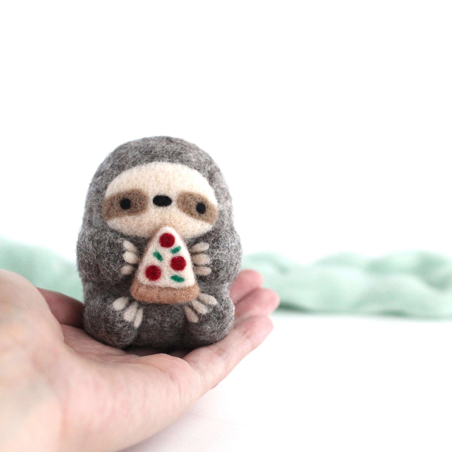Needle Felted Sloth holding Pizza by Wild Whimsy Woolies
