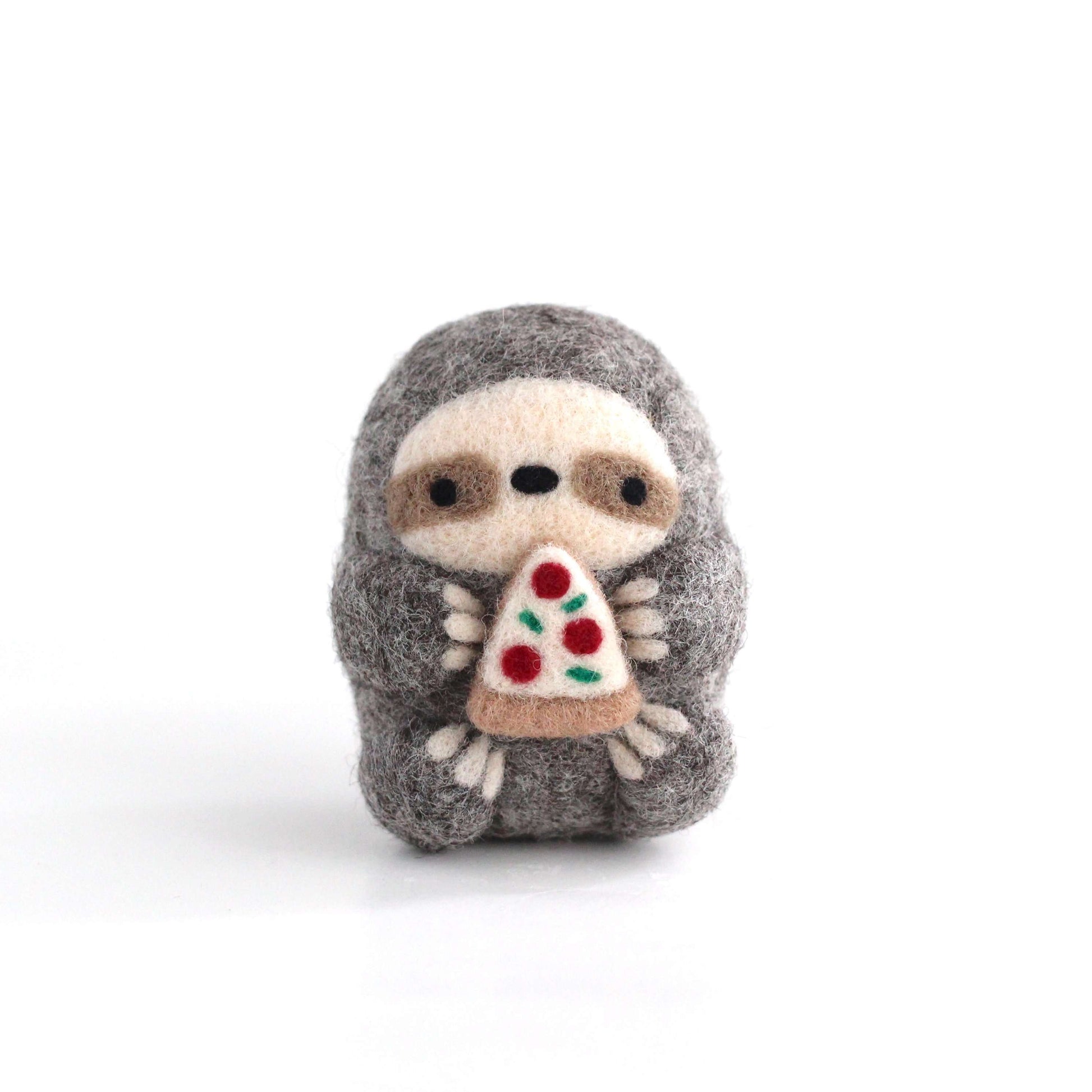 Needle Felted Sloth holding Pizza by Wild Whimsy Woolies