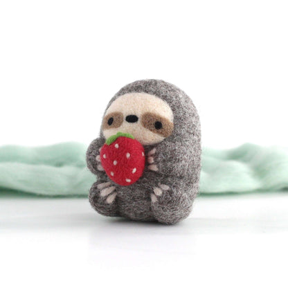 Needle Felted Sloth holding Strawberry by Wild Whimsy Woolies
