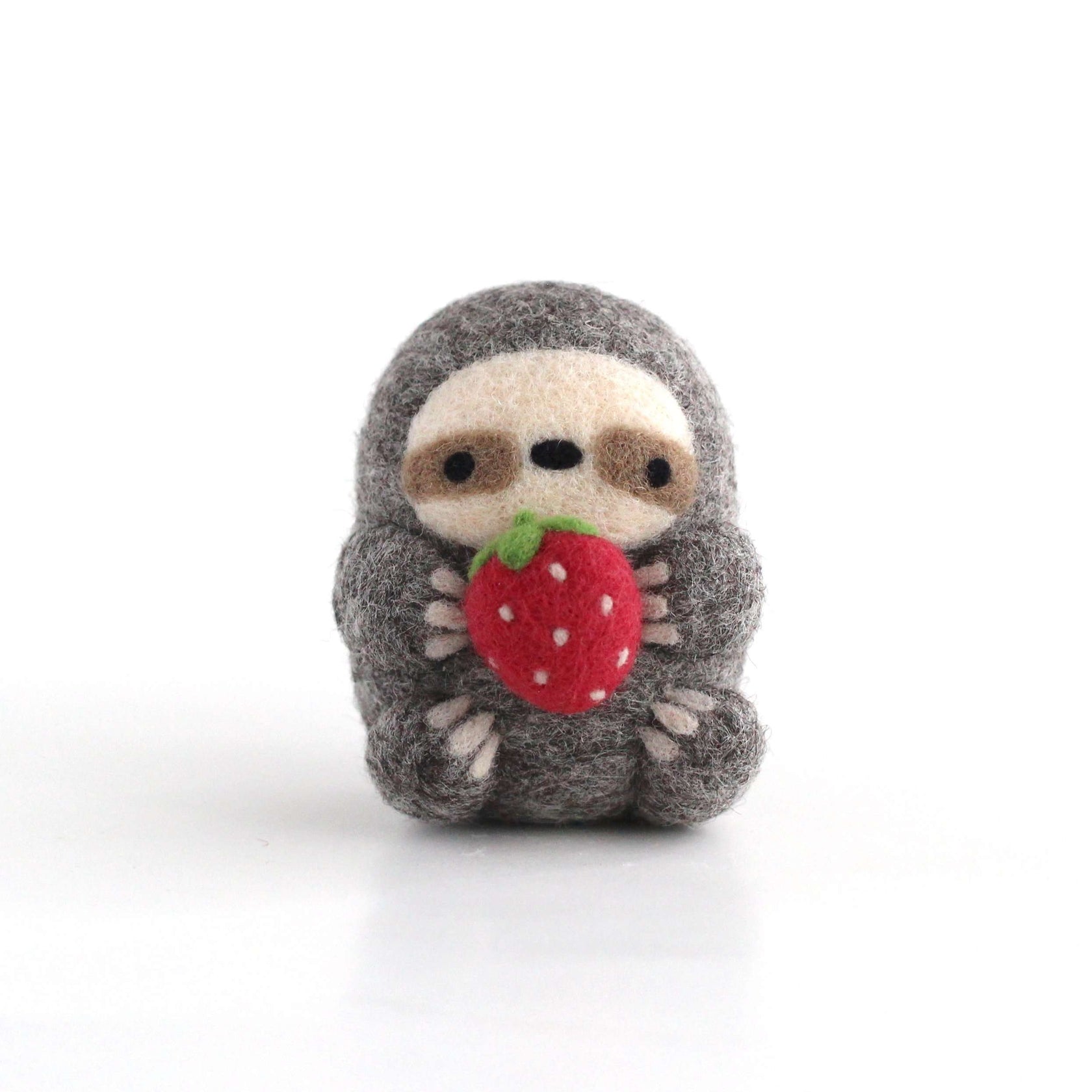 Needle Felted Sloth holding Strawberry – Wild Whimsy Woolies