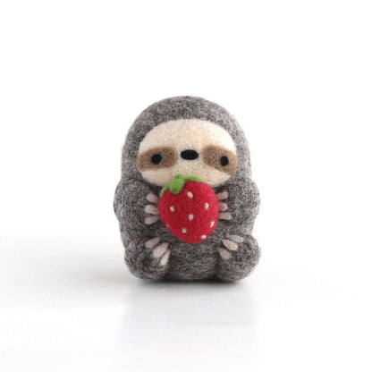 Needle Felted Sloth holding Strawberry by Wild Whimsy Woolies