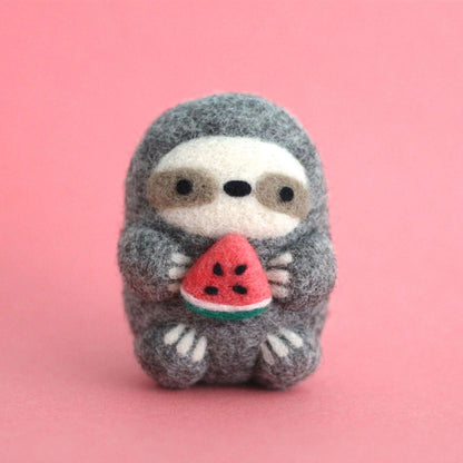 Needle Felted Sloth holding Watermelon by Wild Whimsy Woolies