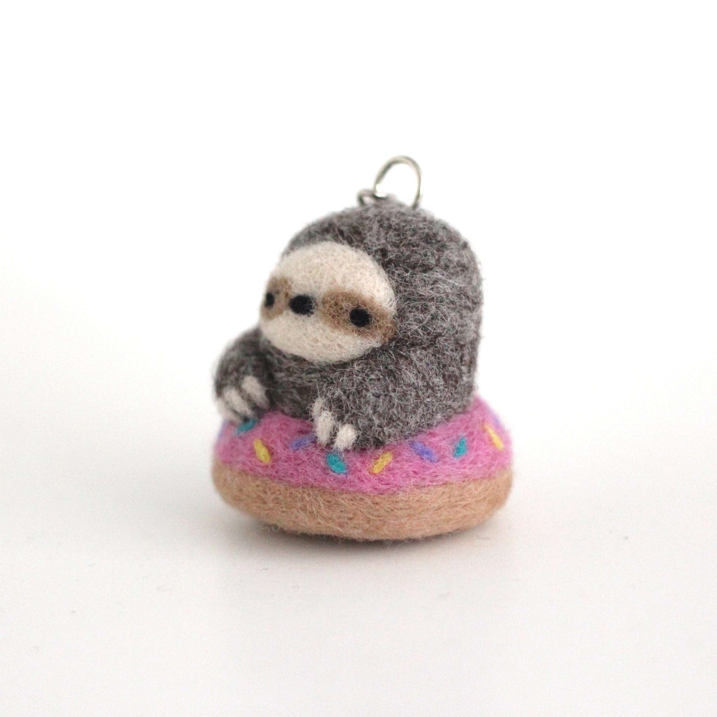 Needle Felted Sloth in a Donut Floatie Keychain (Made-to-Order)