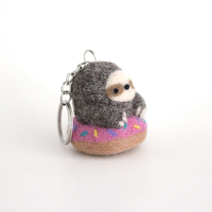 Needle Felted Sloth in a Donut Floatie Keychain (Made-to-Order)