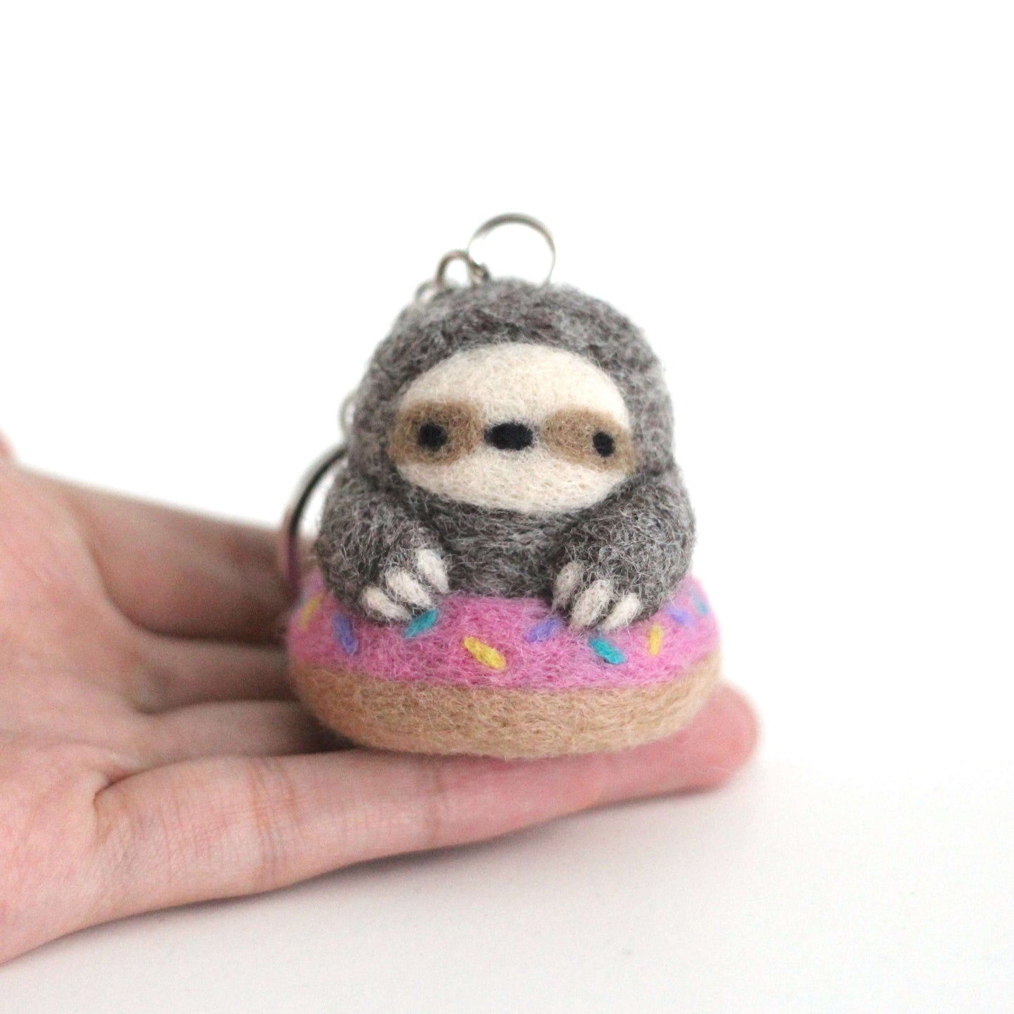 Needle Felted Sloth in a Donut Floatie Keychain (Made-to-Order)