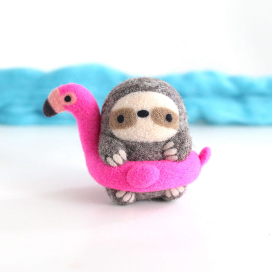 Needle Felted Sloth in a Flamingo Floatie