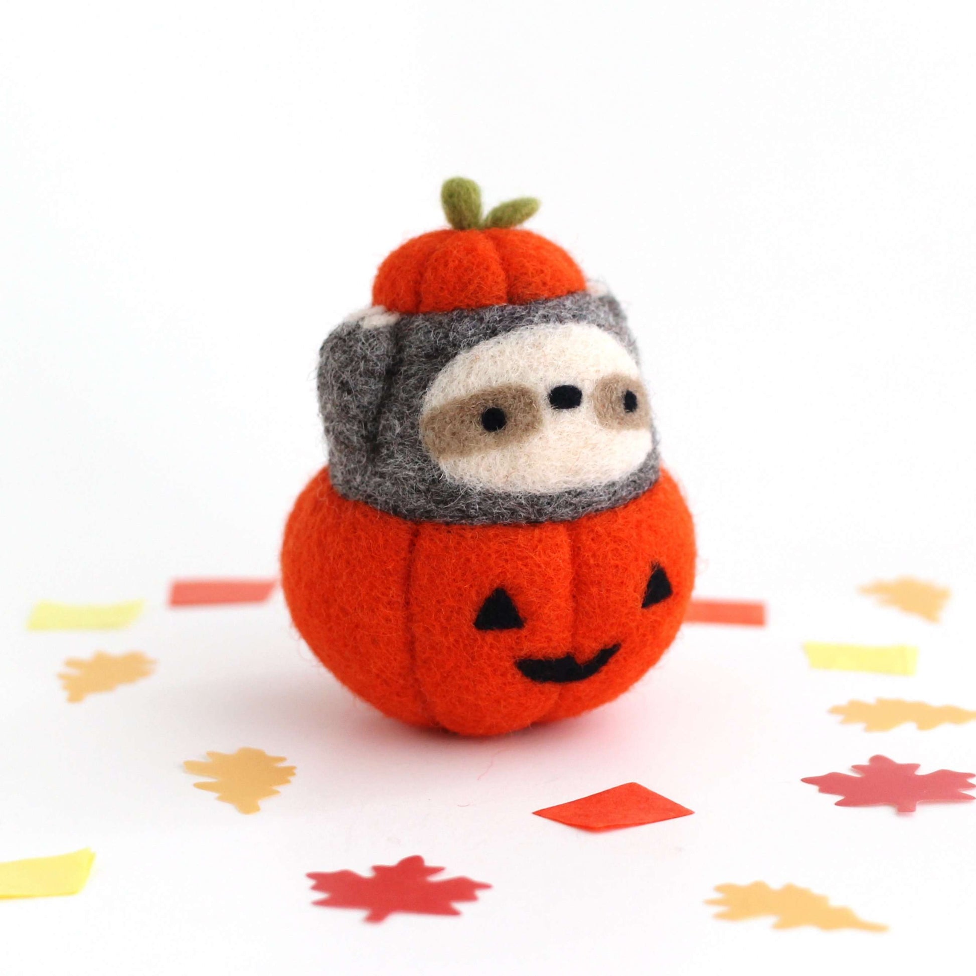 Wild Whimsy Woolies - Pumpkin Sloth Pin - Halloween - Jack-o'-Lantern