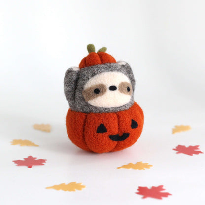 Needle Felted Sloth in Jack-o'-Lantern (Burnt Orange Variant) by Wild Whimsy Woolies