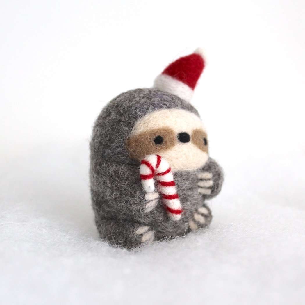 Needle Felted Sloth Ornament (w/ Candycane and Santa Hat)