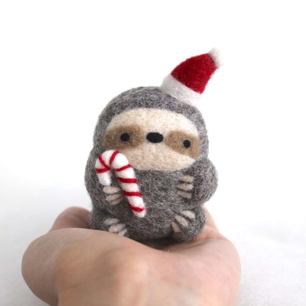 Needle Felted Sloth Ornament (w/ Candycane and Santa Hat) by Wild Whimsy Woolies