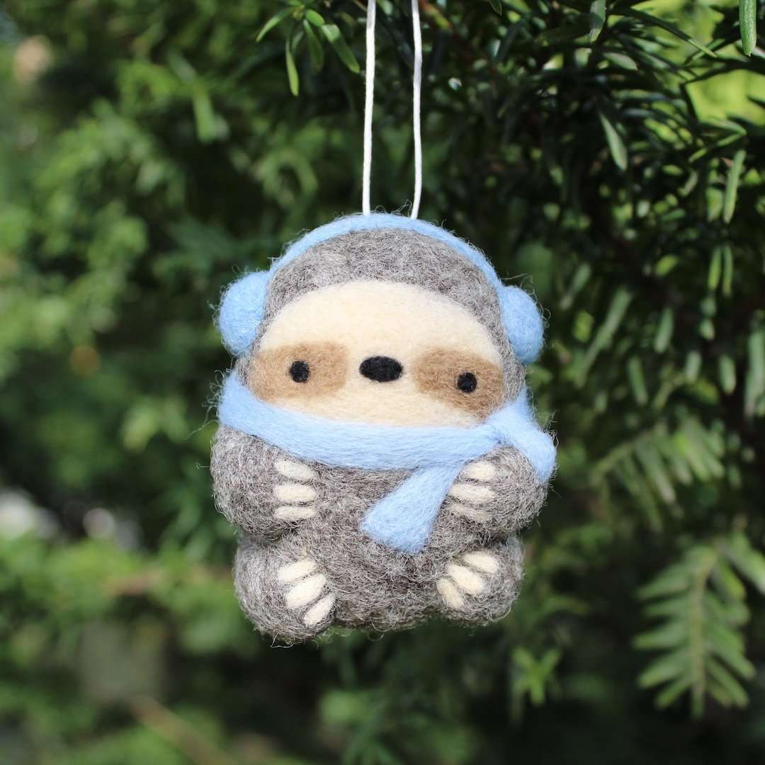 Needle Felted Sloth Ornament (w/ Earmuffs and Blue Scarf) by Wild Whimsy Woolies