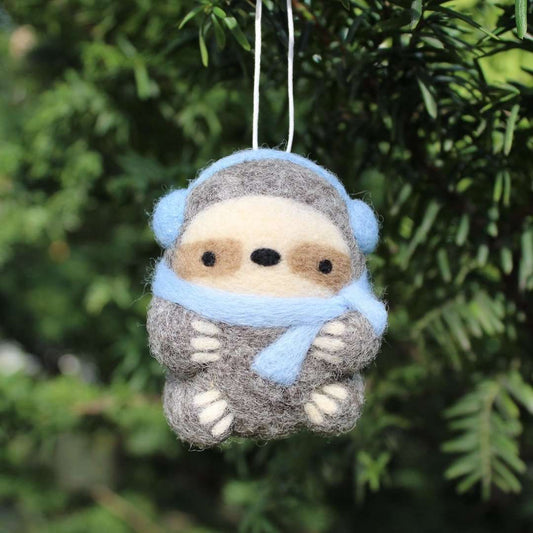 Needle Felted Sloth Ornament (w/ Earmuffs and Blue Scarf)