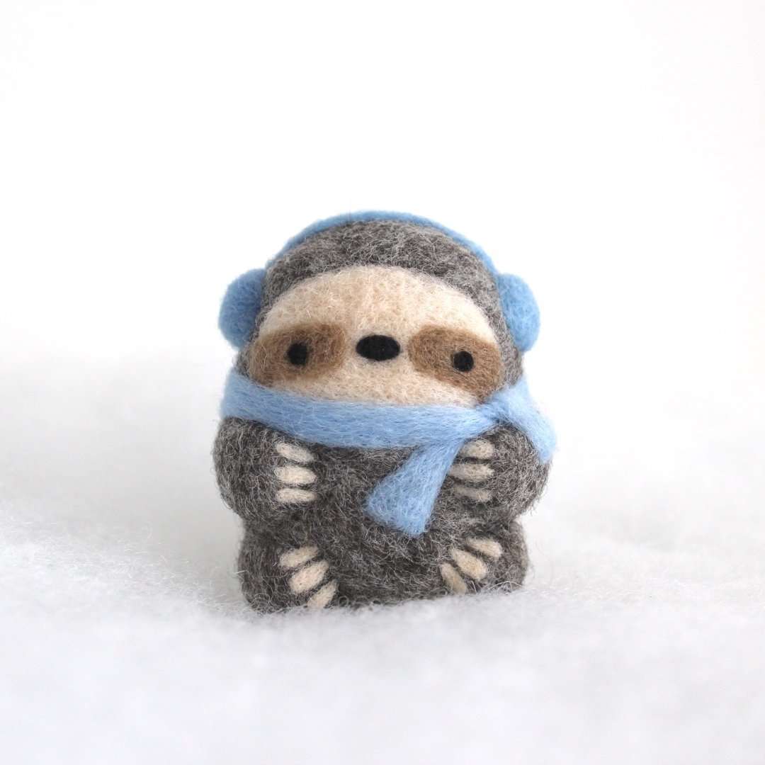 Needle Felted Sloth Ornament (w/ Earmuffs and Blue Scarf)