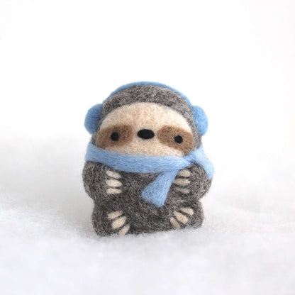 Needle Felted Sloth Ornament (w/ Earmuffs and Blue Scarf) by Wild Whimsy Woolies