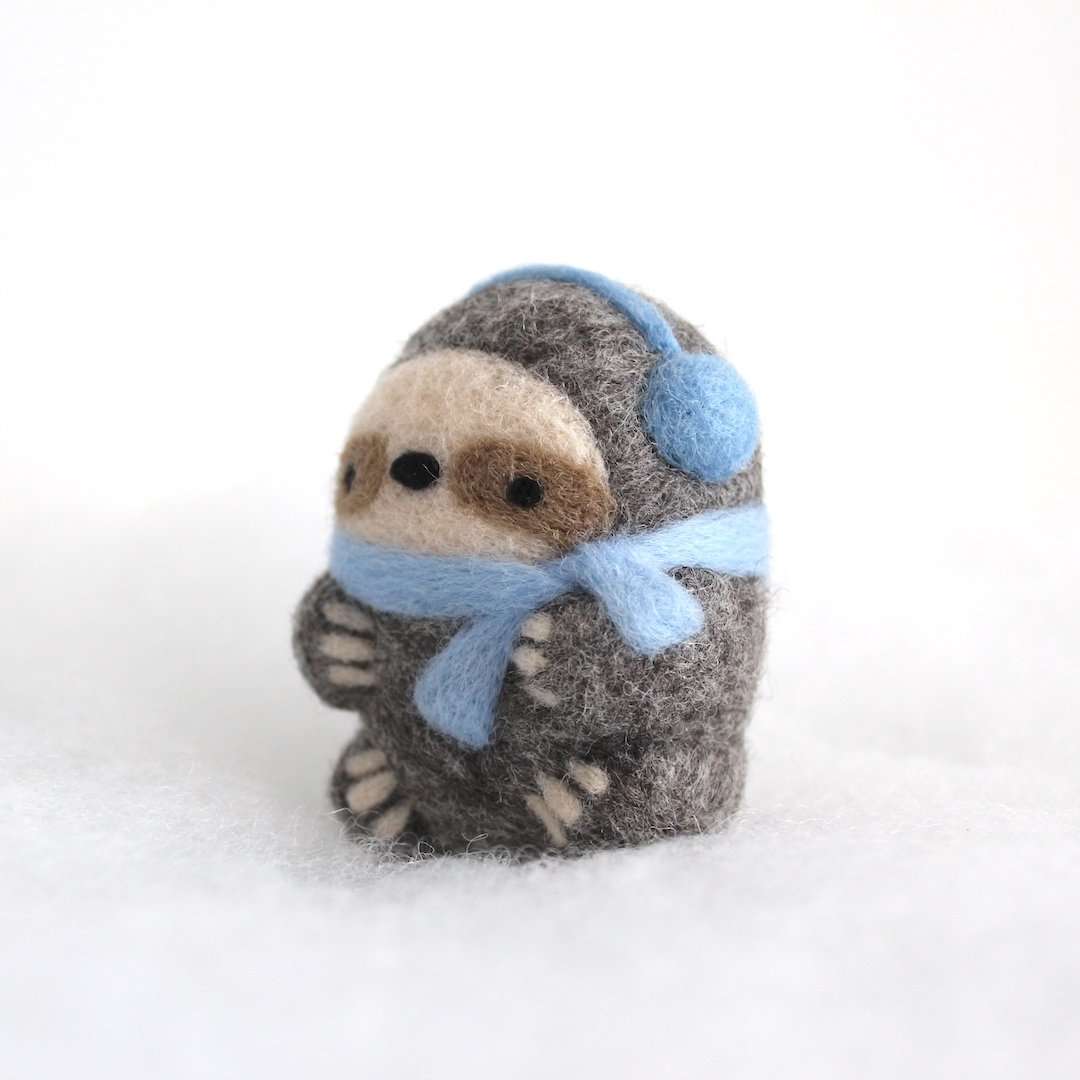 Needle Felted Sloth Ornament (w/ Earmuffs and Blue Scarf)