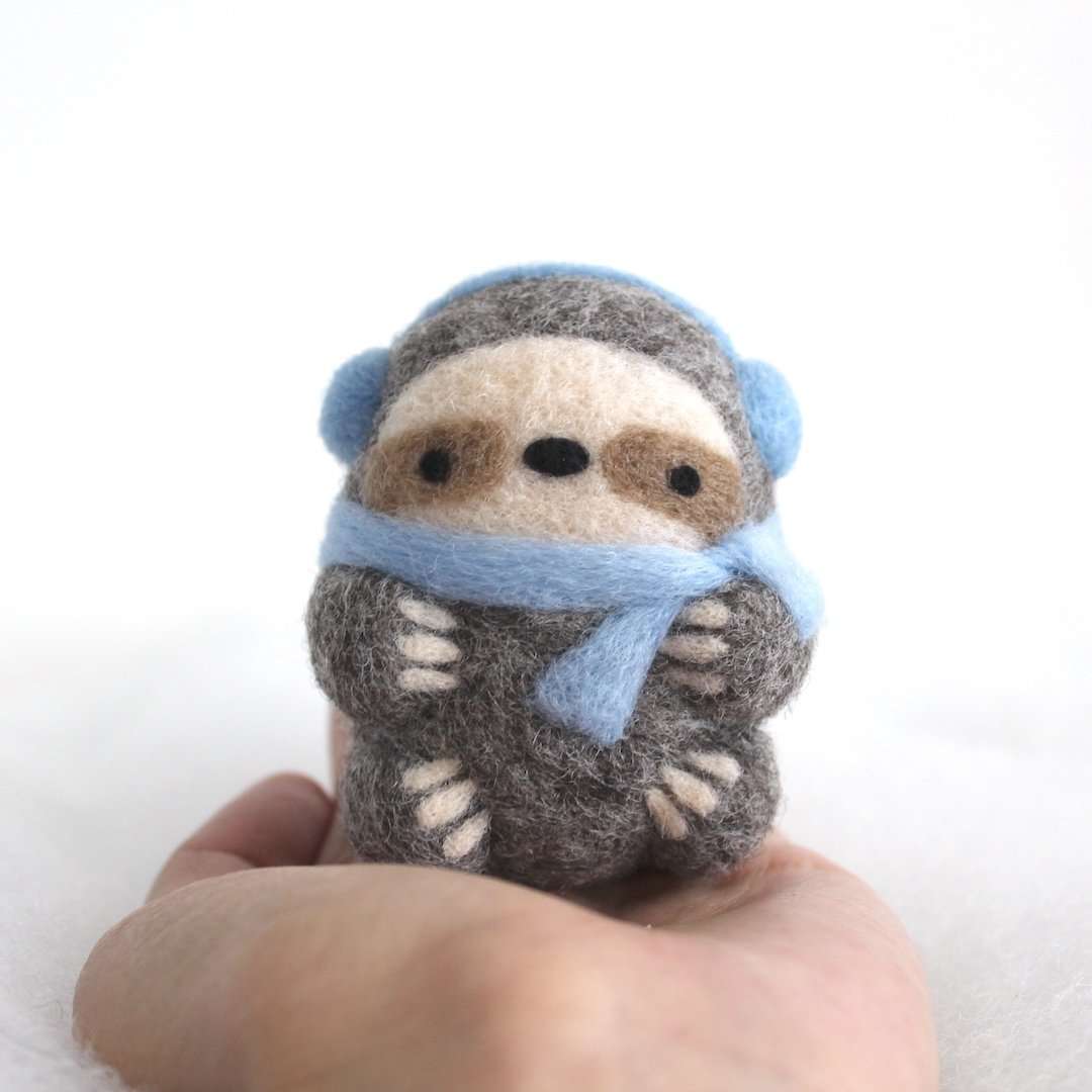 Needle Felted Sloth Ornament (w/ Earmuffs and Blue Scarf)