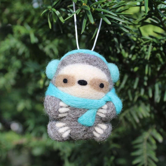 Needle Felted Sloth Ornament (w/ Earmuffs and Turquoise Scarf)