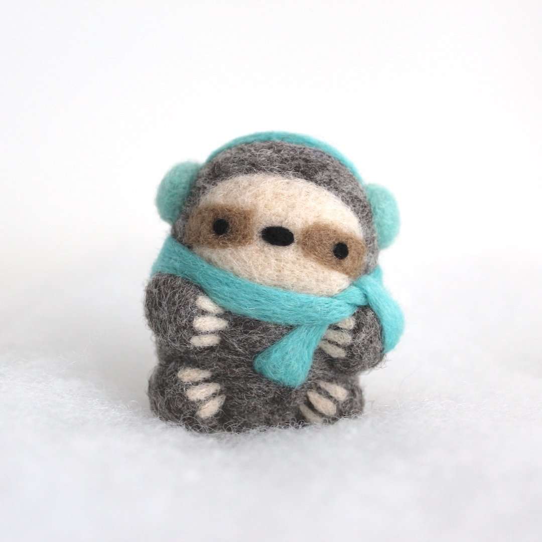 Needle Felted Sloth Ornament (w/ Earmuffs and Turquoise Scarf) by Wild Whimsy Woolies
