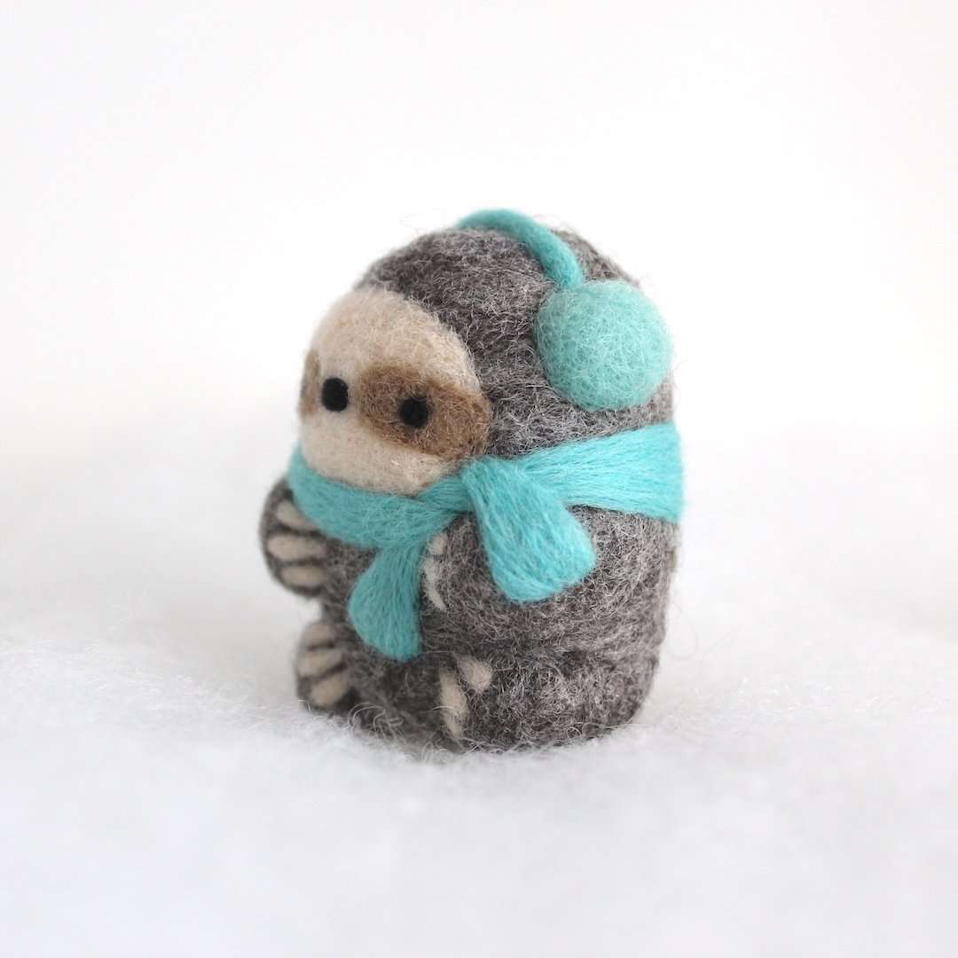 Needle Felted Sloth Ornament (w/ Earmuffs and Turquoise Scarf) by Wild Whimsy Woolies
