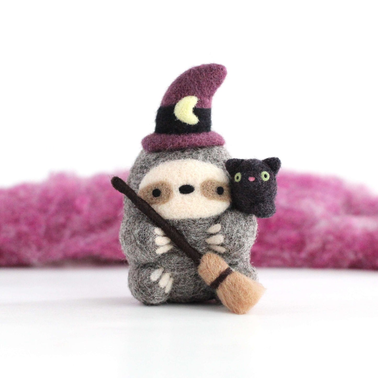 Needle Felted Sloth Witch with Kitty Familiar