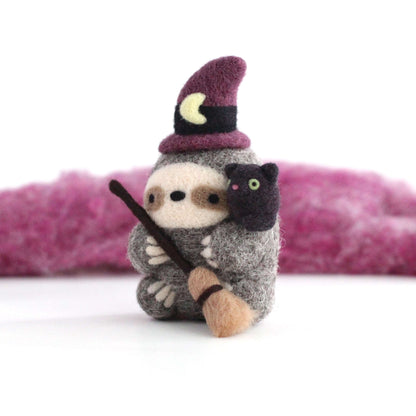 Needle Felted Sloth Witch with Kitty Familiar by Wild Whimsy Woolies