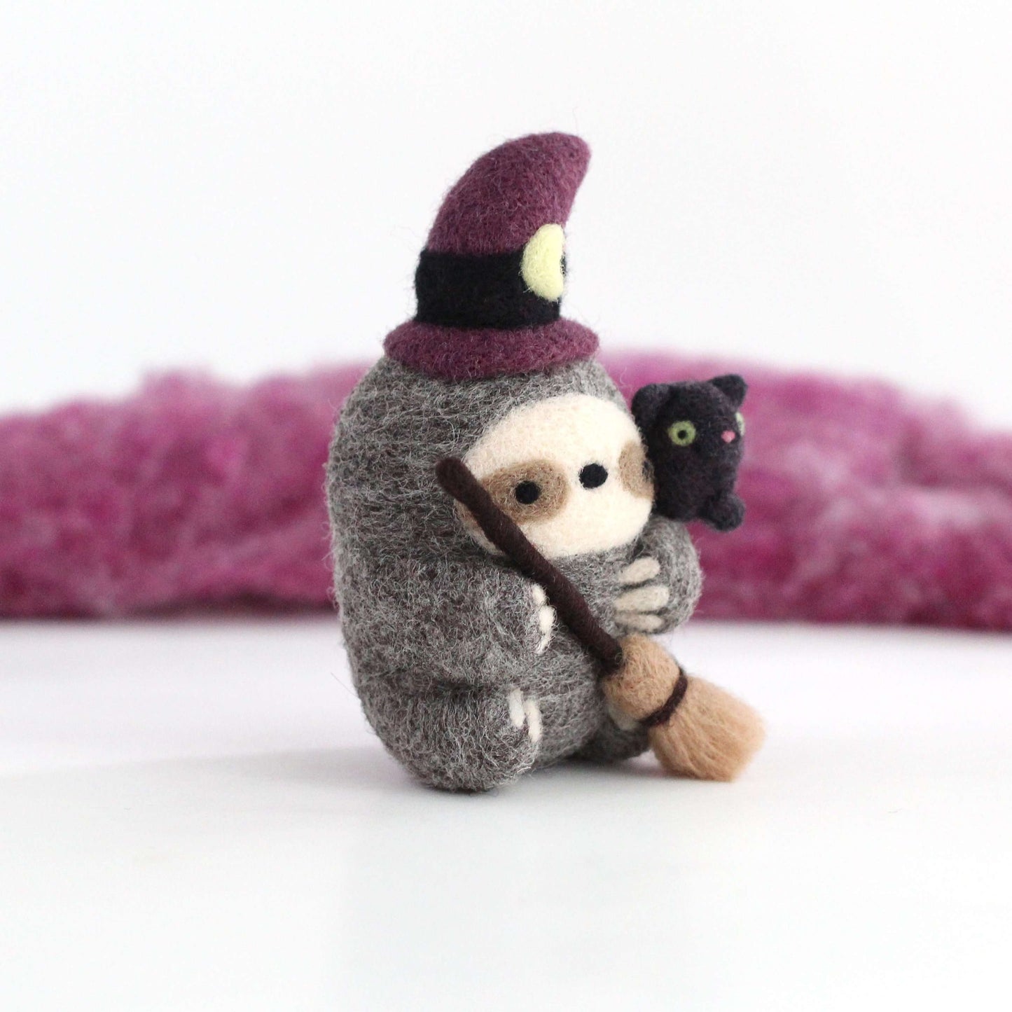Needle Felted Sloth Witch with Kitty Familiar by Wild Whimsy Woolies