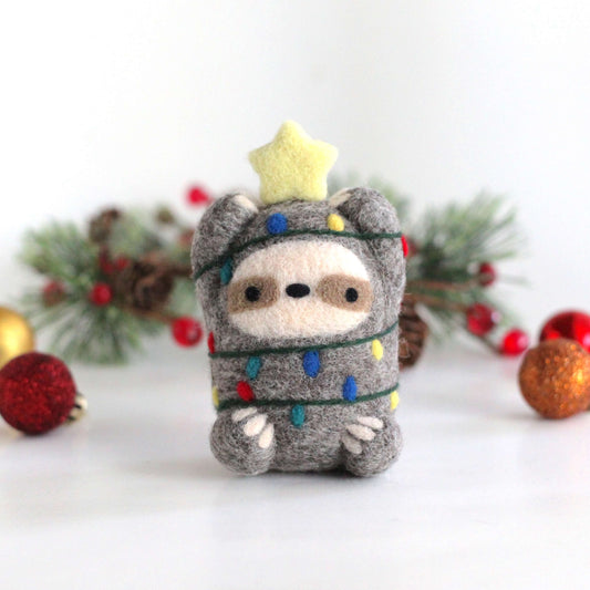 Needle Felted Sloth with Christmas Lights and Star