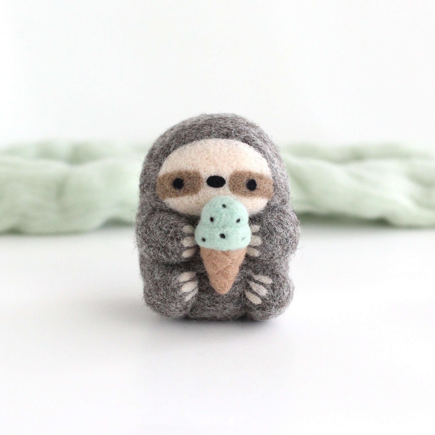 Needle Felted Sloth with Mint Chocolate Chip Ice Cream