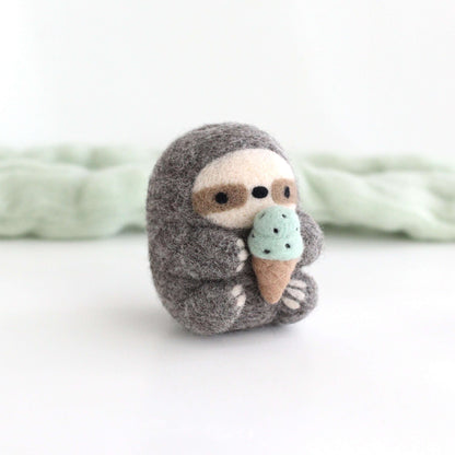 Needle Felted Sloth with Mint Chocolate Chip Ice Cream by Wild Whimsy Woolies