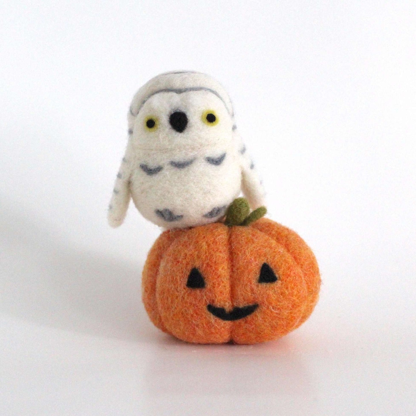 Needle Felted Snowy Owl on Jack-o'-Lantern by Wild Whimsy Woolies