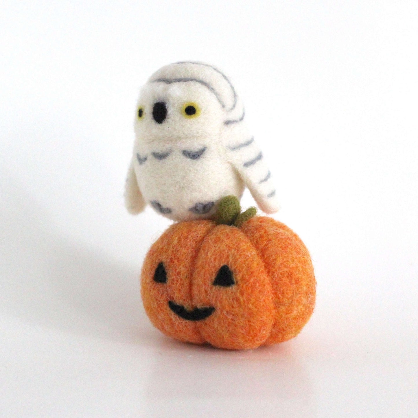 Needle Felted Snowy Owl on Jack-o'-Lantern