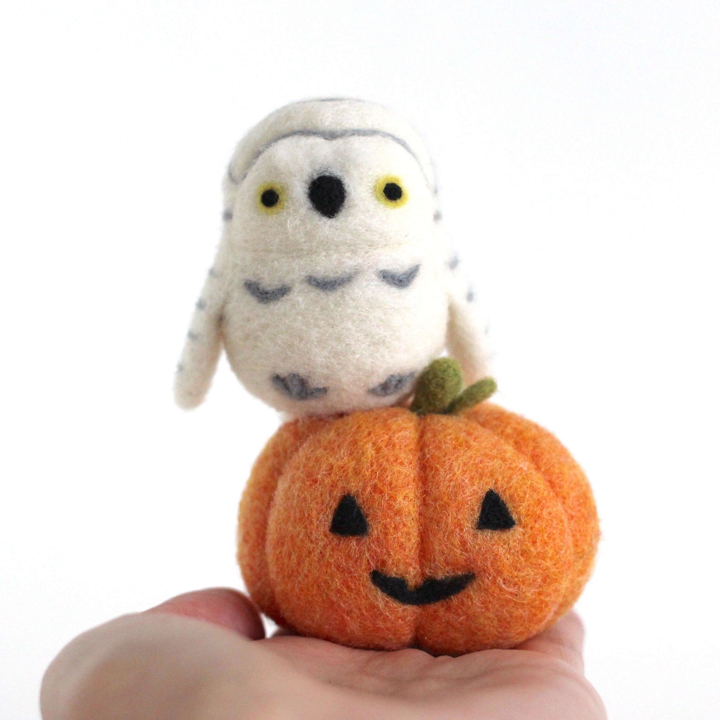 Needle Felted Snowy Owl on Jack-o'-Lantern by Wild Whimsy Woolies