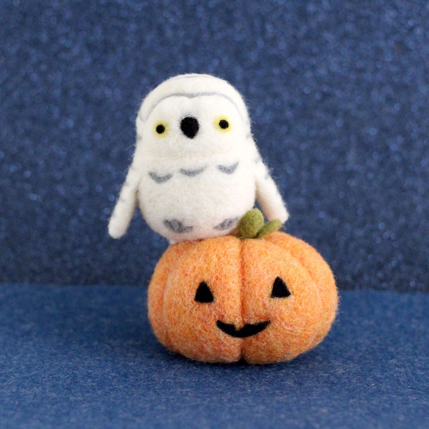 Needle Felted Snowy Owl on Jack-o'-Lantern