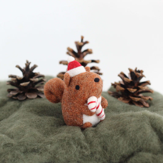 Needle Felted Squirrel Holding Candy Cane