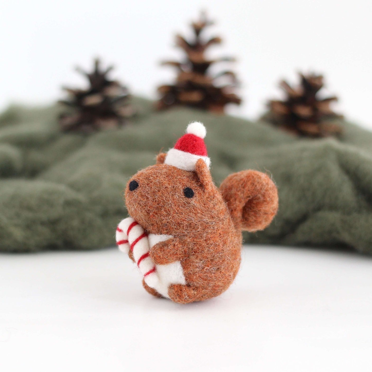 Needle Felted Squirrel Holding Candy Cane