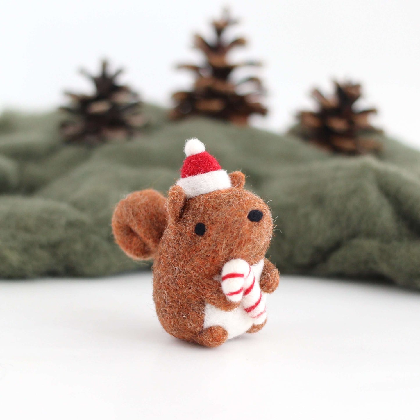 Needle Felted Squirrel Holding Candy Cane