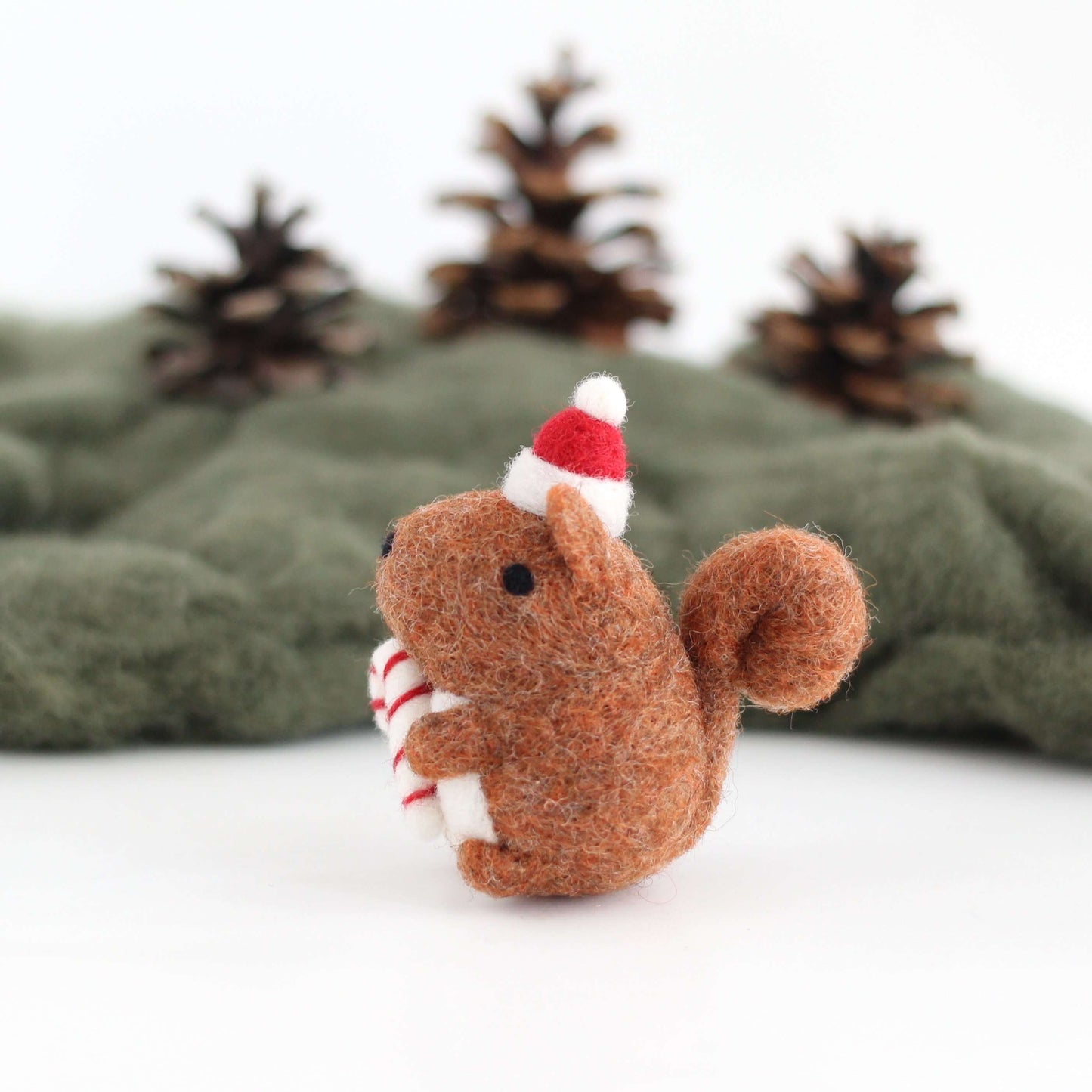 Needle Felted Squirrel Holding Candy Cane