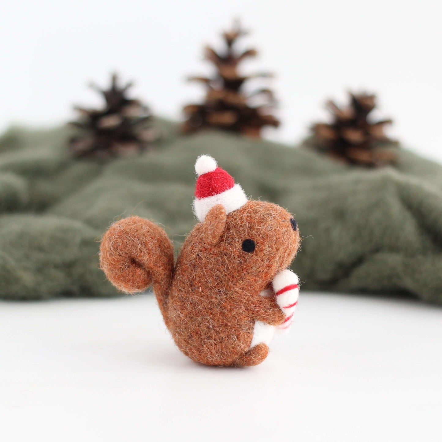 Needle Felted Squirrel Holding Candy Cane