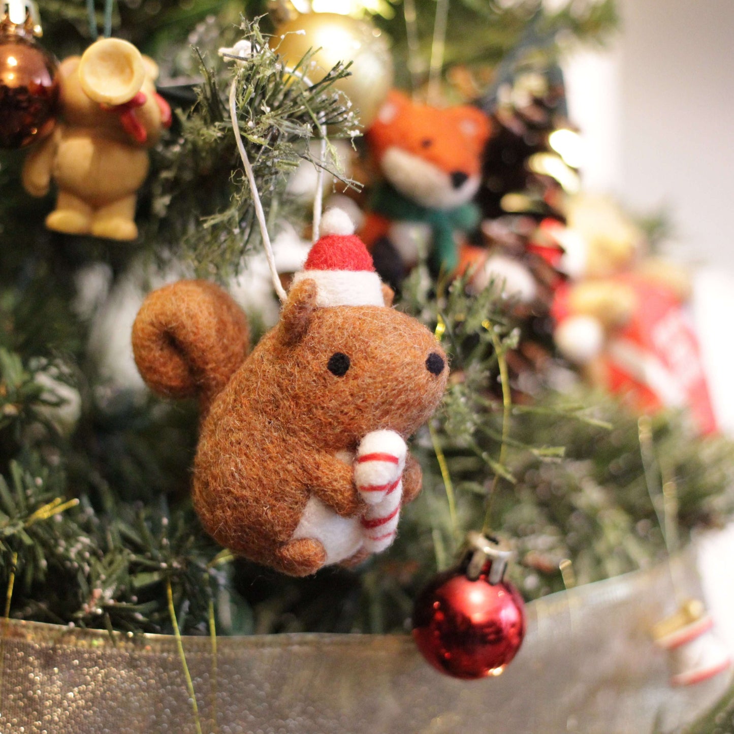 Needle Felted Squirrel Holding Candy Cane