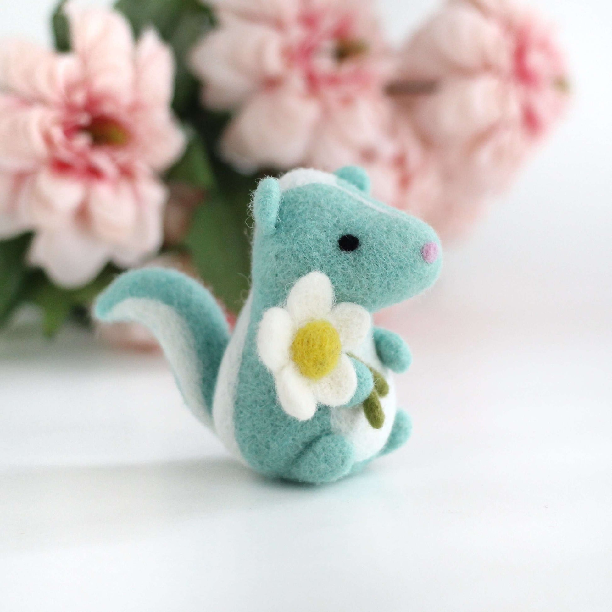 Needle Felted Turquoise Skunk with Daisy by Wild Whimsy Woolies
