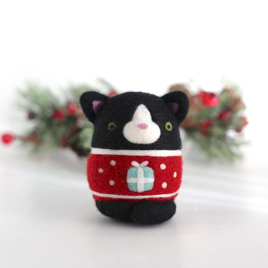 Needle Felted Tuxedo Cat in Gift Box Christmas Sweater