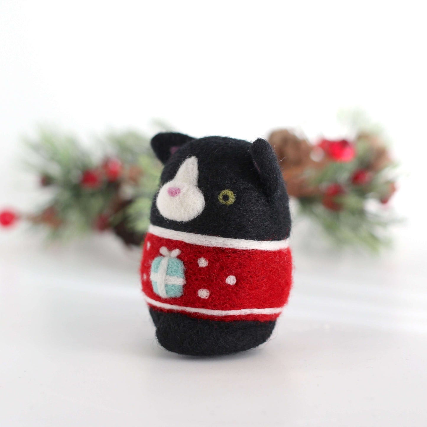 Needle Felted Tuxedo Cat in Gift Box Christmas Sweater